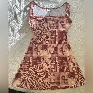 Miaou Mini Dress “Exposed” Tan & Burgundy. Size S